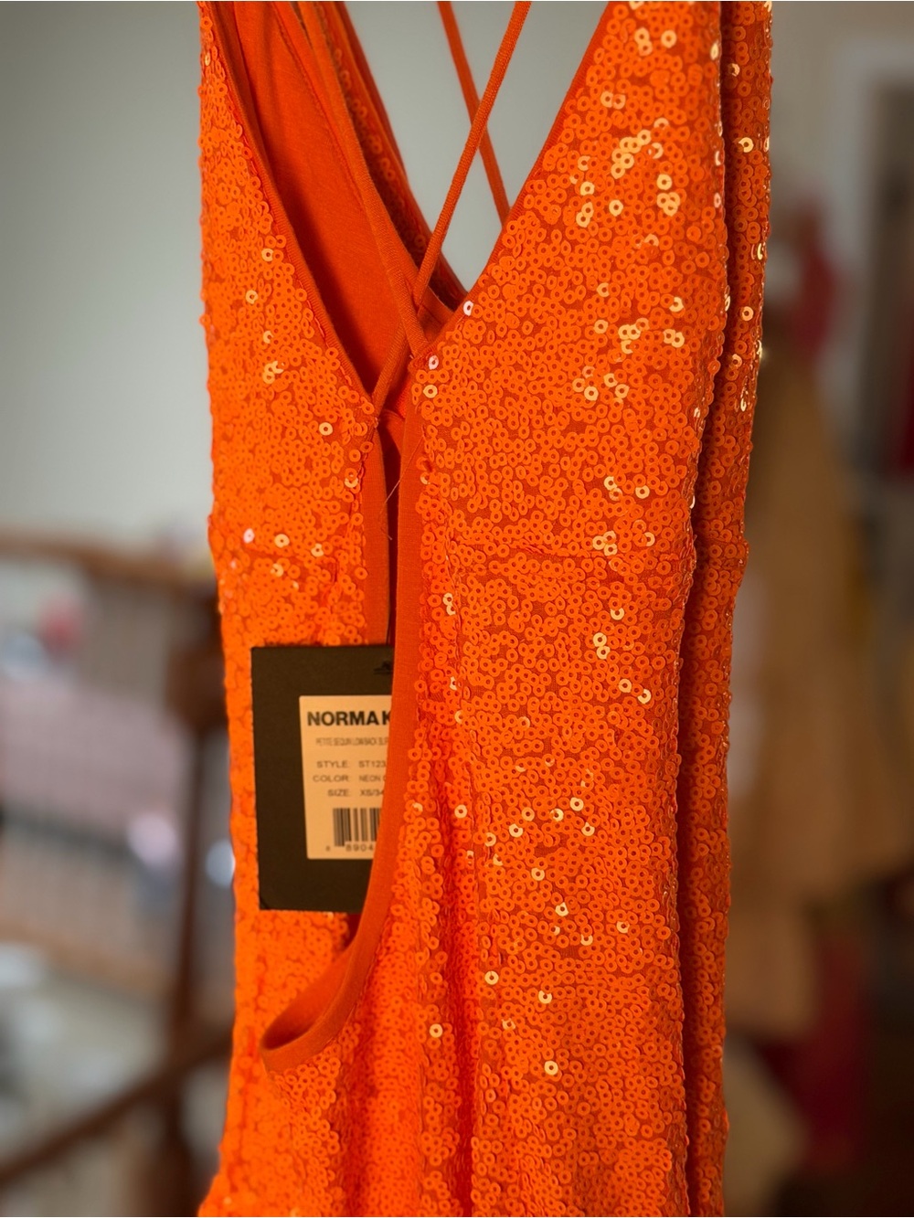 Norma Kamali Sequin Low Back Slip Mermaid Fishtail Gown Neon Orange ~ NWT S/XS - Picture 12 of 13
